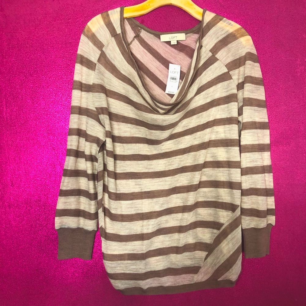 Loft Tan & Cream Loose Thin Pullover Long Sleeve Top